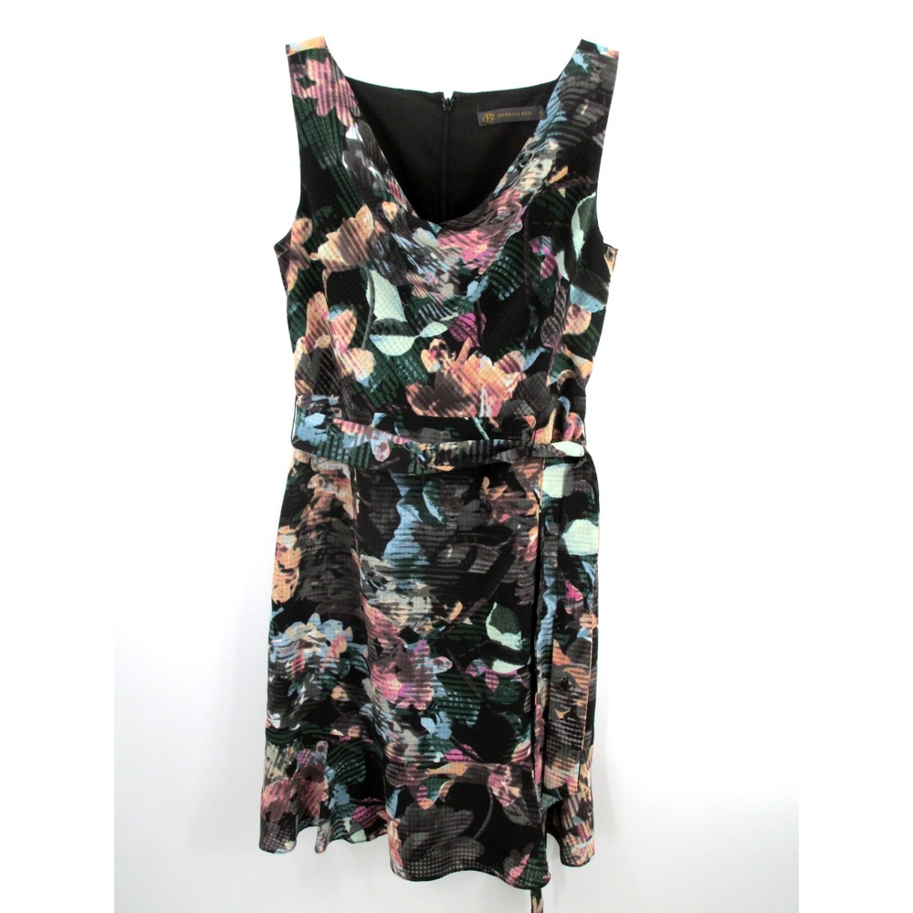 OUTBACK RED Midi Shift Dress Women 4 Black Floral Lined Belted Cottage Core